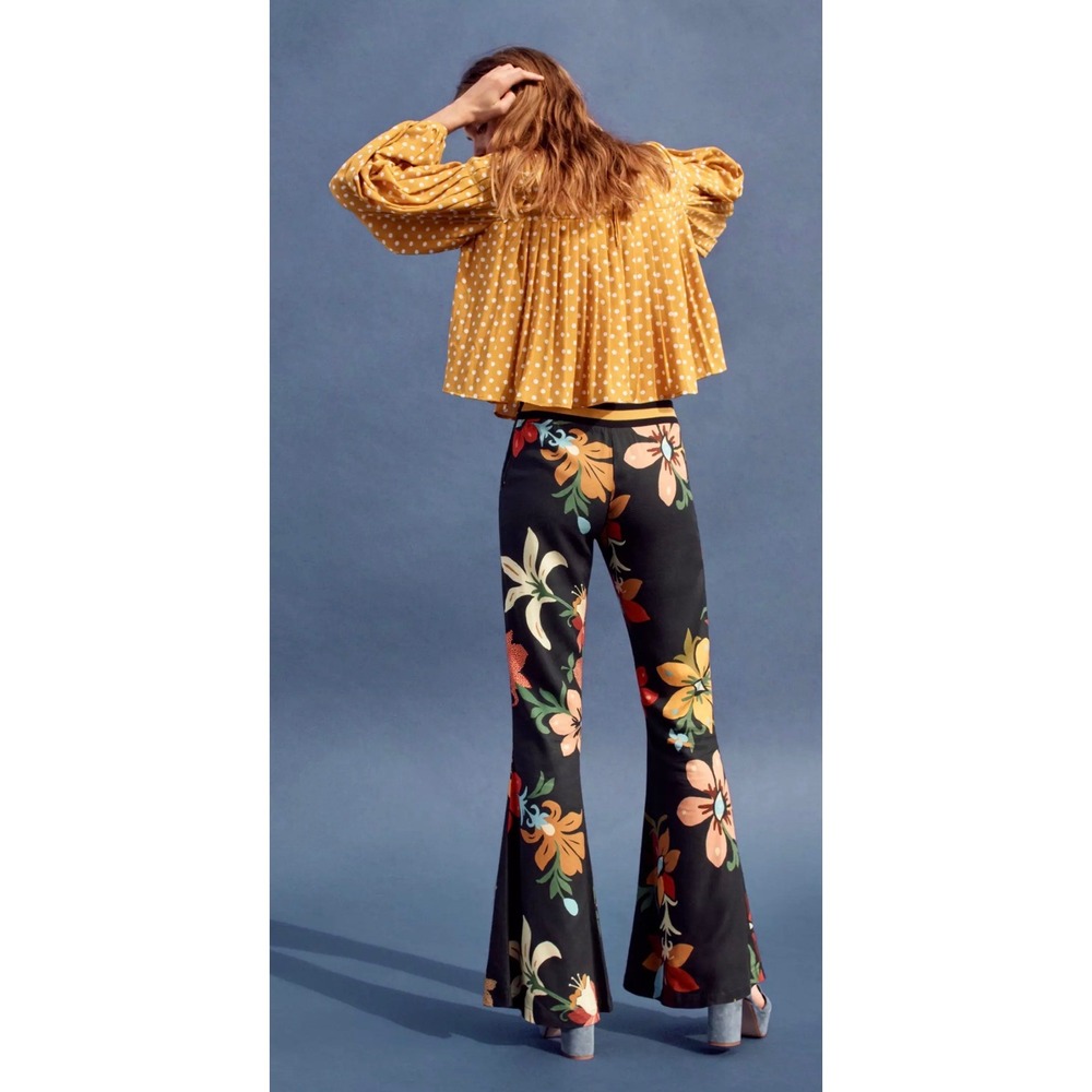 Farm Rio Floral Flare Pants Womens XS Black Tropical Wide Leg - Picture 15 of 15